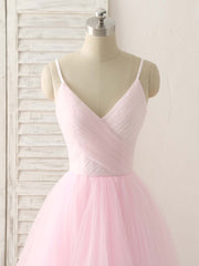 Pink V Neck Tulle Long Prom Dress Outfits For Women Simple Pink Tulle Evening Dress