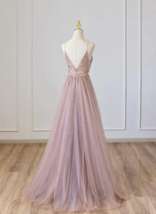 Pink V-neckline Beaded Straps Floor Length Party Dress Outfits For Girls, Pink Long Formal Dress