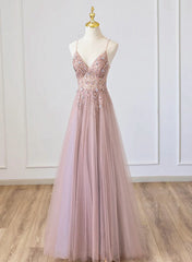 Pink V-neckline Beaded Straps Floor Length Party Dress Outfits For Girls, Pink Long Formal Dress