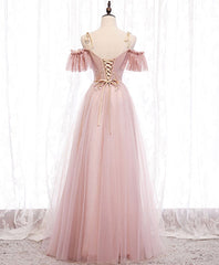 Pink V-neckline Lace Off Shoulder Long Party Dress Outfits For Girls, Pink Floor Length Formal Dress