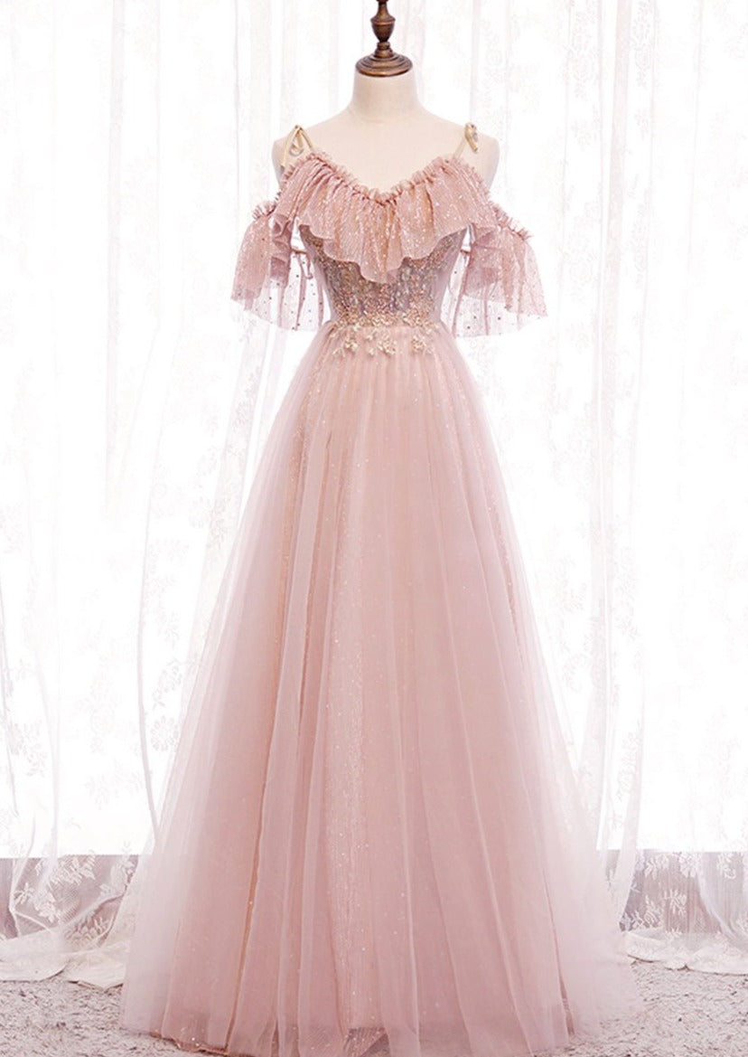 Pink V-neckline Lace Off Shoulder Long Party Dress Outfits For Girls, Pink Floor Length Formal Dress