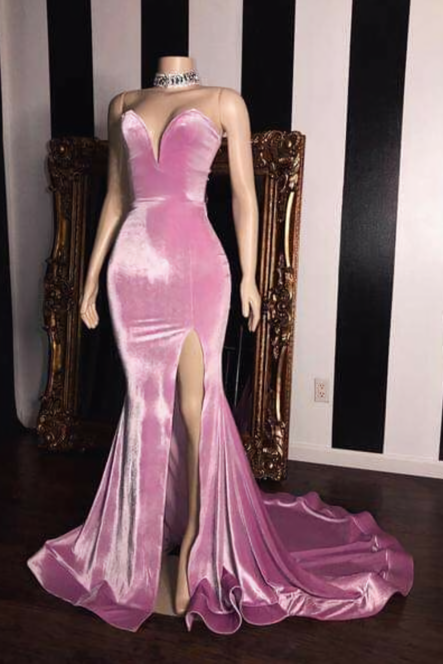 Pink Velvet Prom Evening Dresses With Mermaid Skirt