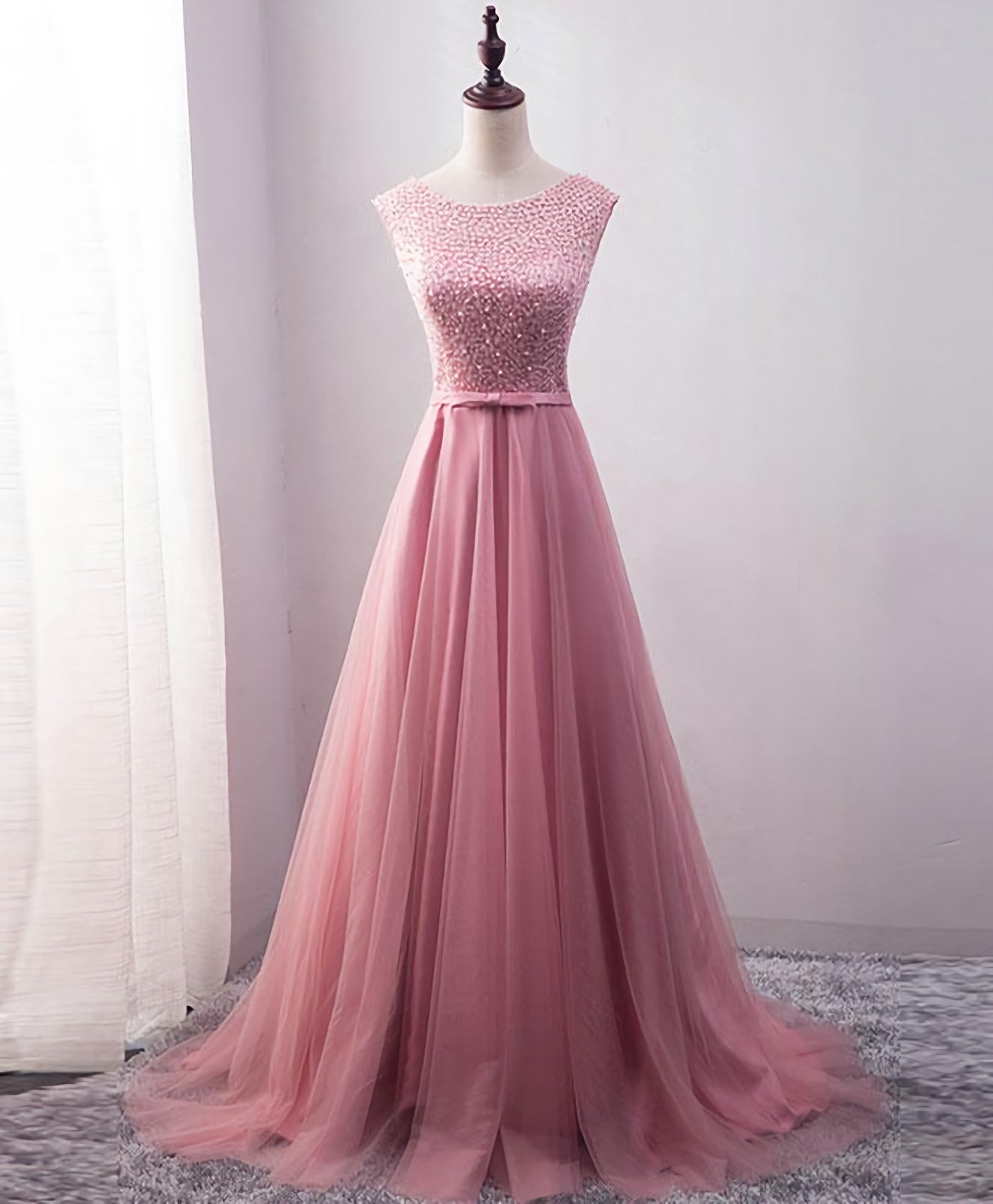 Pink Tulle Long A Line Prom Dress, Pink Evening Dress