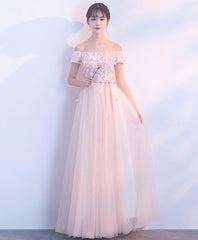 Pink Tulle Off Shoulder Long Prom Dress, Pink Evening Dress
