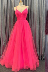 Spaghetti Straps V Neck Tulle Prom Gown, Elegant Long Formal Dress