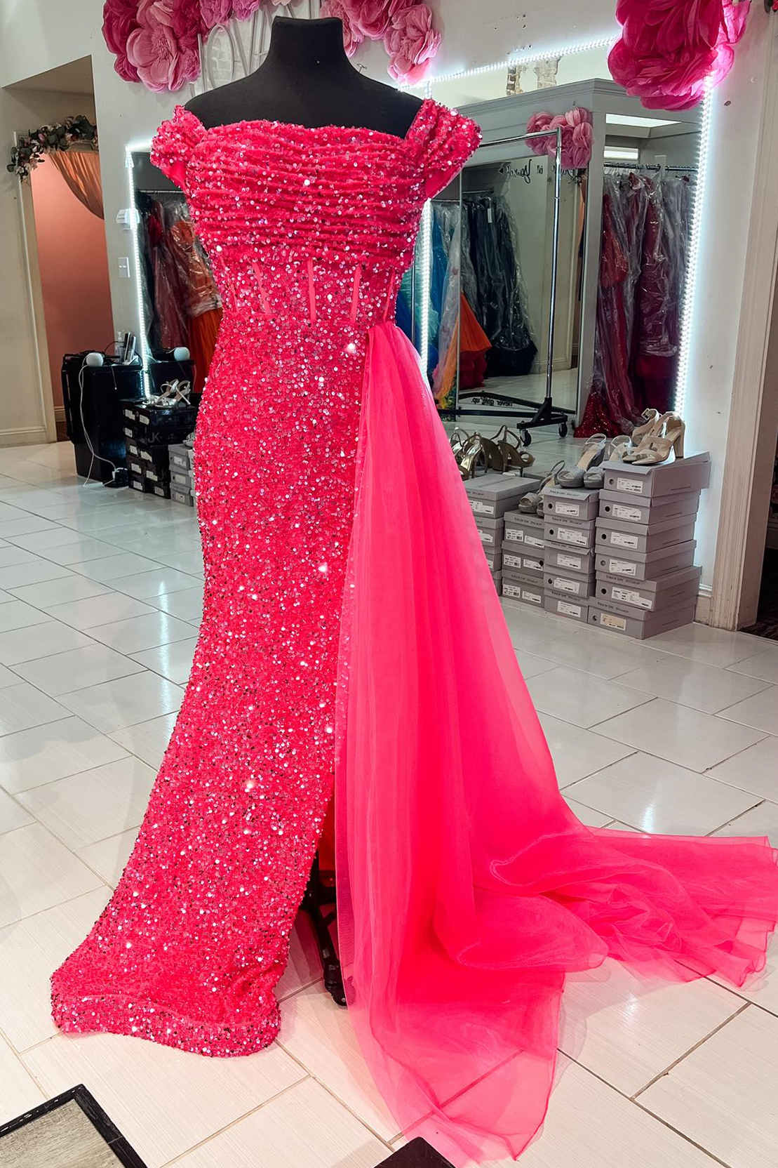 Pleated Hot Pink Off the Shoulder Sequin Prom Dress with Cape