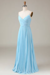 Pleated V-Neck Light Blue Chiffon Long Bridesmaid Dress