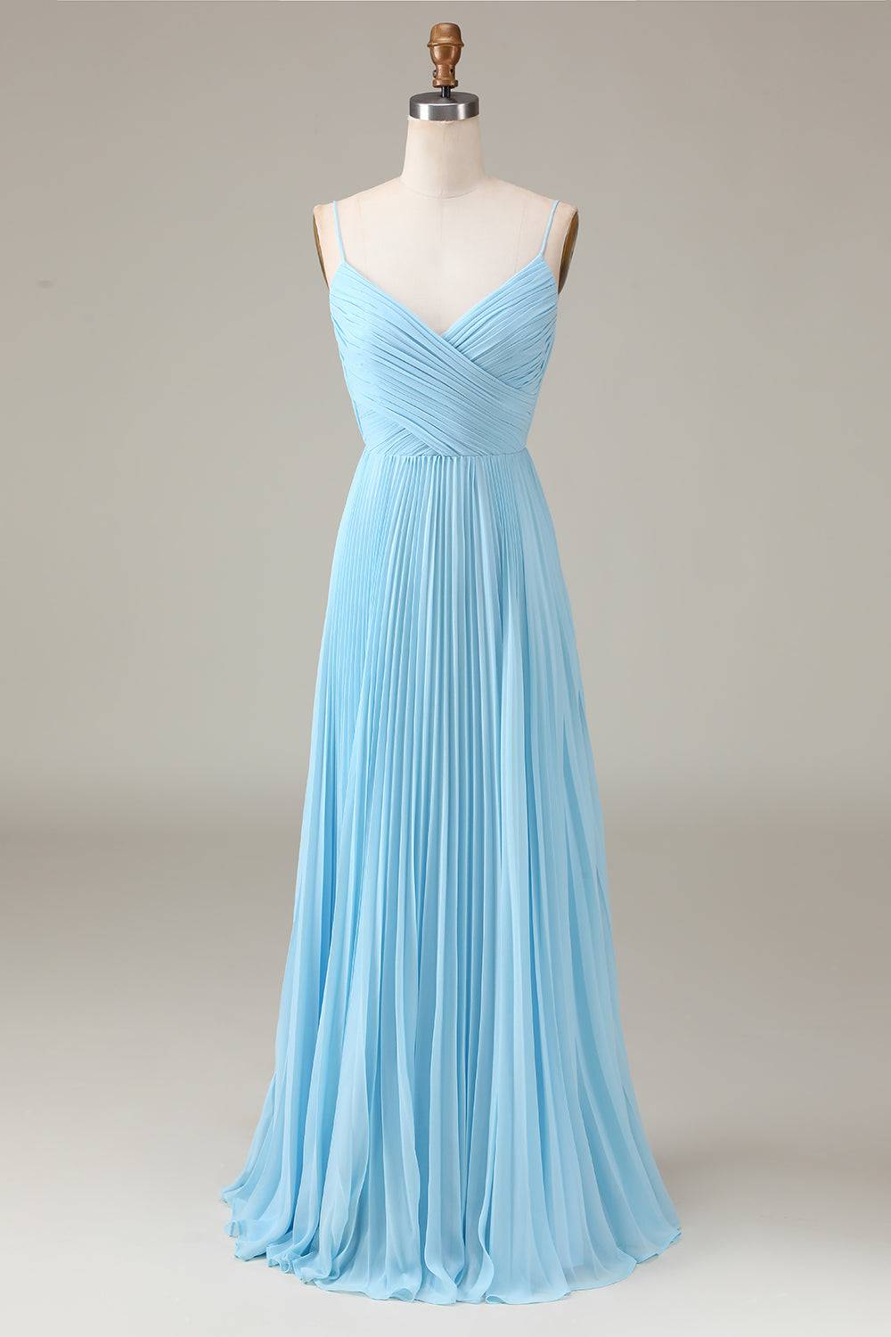 Pleated V-Neck Light Blue Chiffon Long Bridesmaid Dress