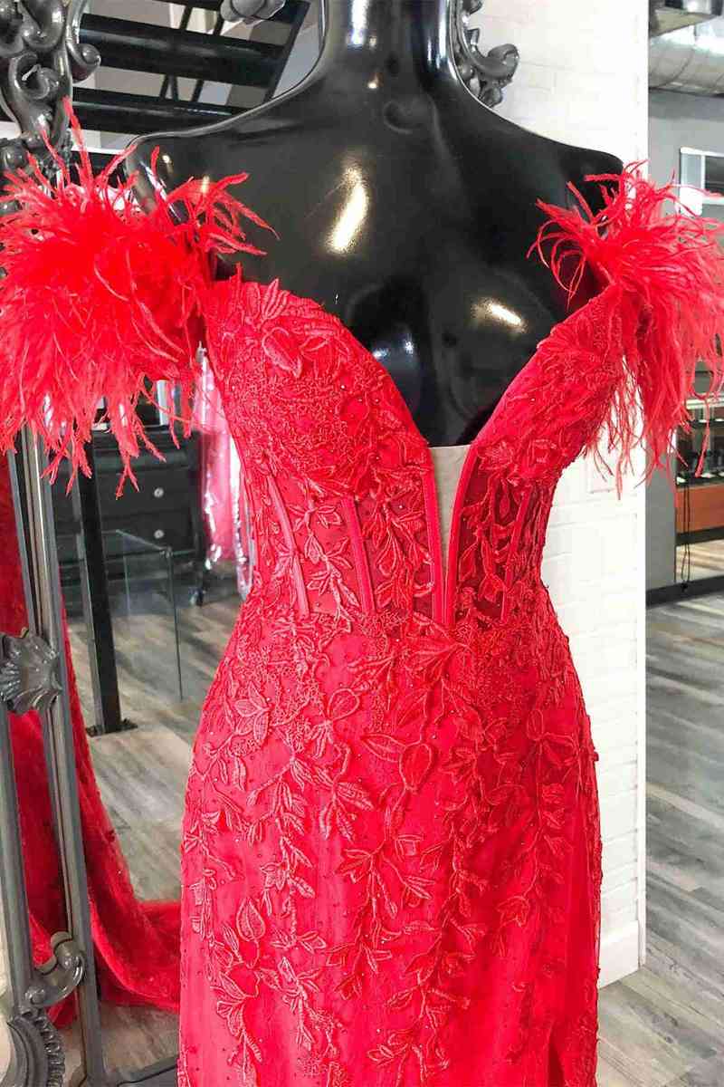 Plunging V-Neck Red Feather Shoulder Long Prom Dress Outfits For Women Gala Evening Gown