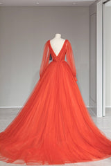 Plunging V-Neck Tulle Floor Length Formal Dress Outfits For Girls, Orange Long Sleeve Prom Dress