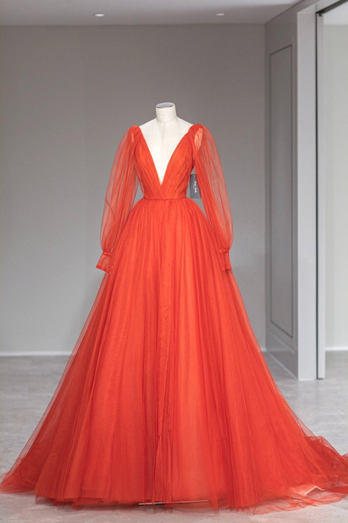 Plunging V-Neck Tulle Floor Length Formal Dress Outfits For Girls, Orange Long Sleeve Prom Dress