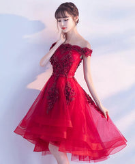 Cute Burgundy Lace Tulle Short Prom Dress, Brugrendy Party Dress
