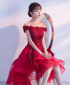 Cute Burgundy Lace Tulle Short Prom Dress, Brugrendy Party Dress