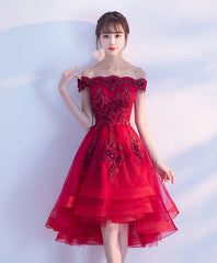 Cute Burgundy Lace Tulle Short Prom Dress, Brugrendy Party Dress