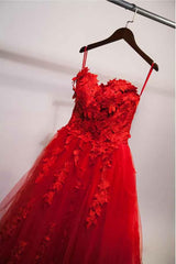 Pretty Red Sweetheart Strapless Ball Gown Applique Tulle Long Prom Dress Outfits For Girls,Party Dresses