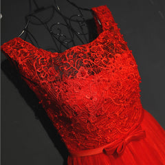 Pretty Red Tulle and Lace Tea Length Party Dress Outfits For Girls, Red Bridesmaid Dress
