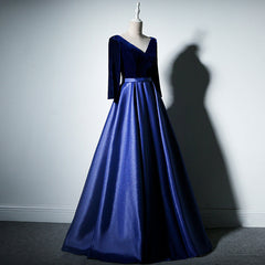 Pretty Royal Blue Long Sleeves Satin with Velvet Party Dress Outfits For Girls, A-line Long Prom Dress