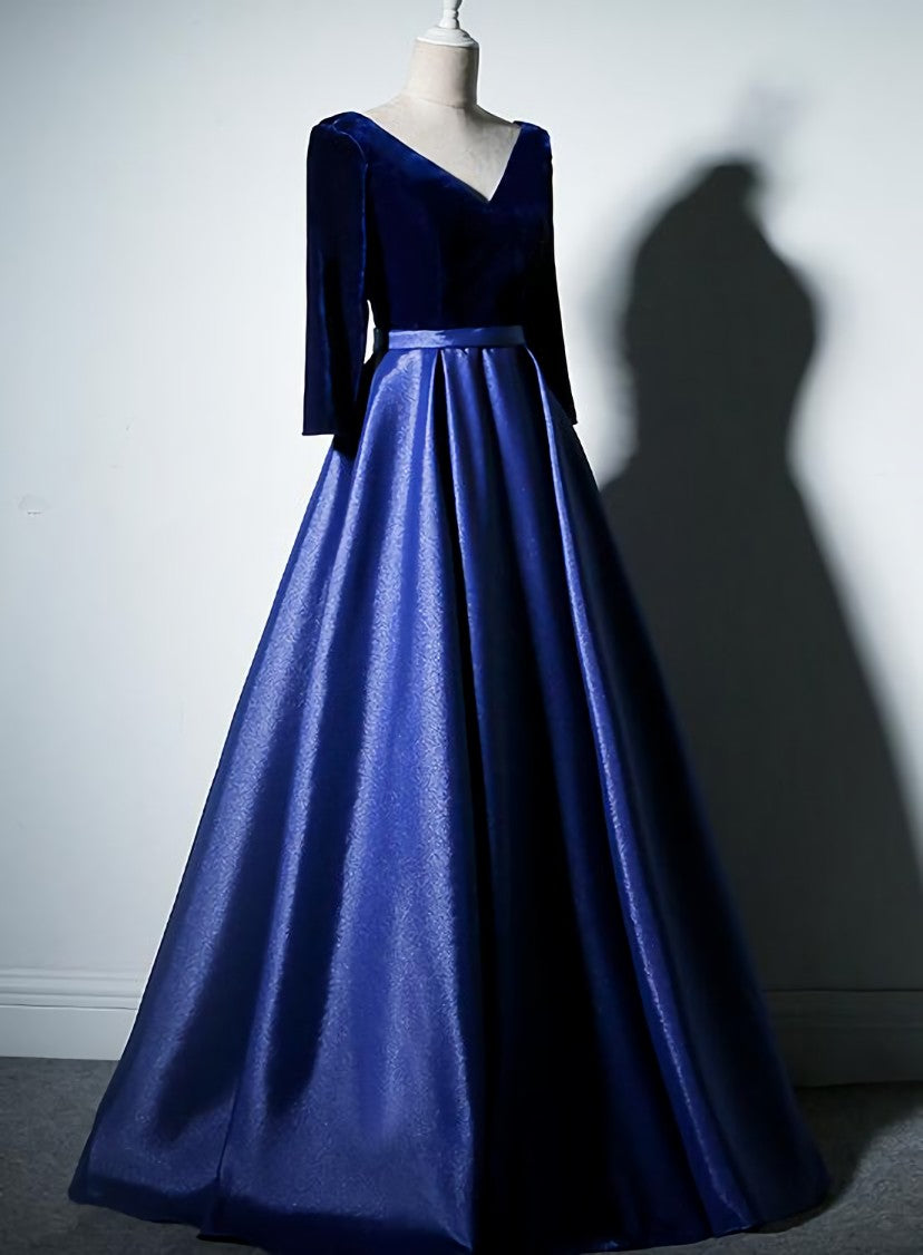 Pretty Royal Blue Long Sleeves Satin with Velvet Party Dress Outfits For Girls, A-line Long Prom Dress