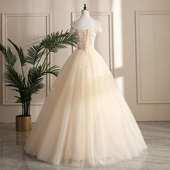 Pretty Tulle Champagne Off Shoulder Prom Dress Outfits For Girls, Flowers Lace Formal Dress
