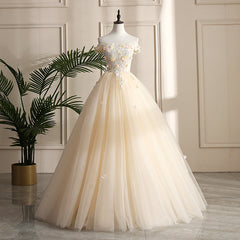 Pretty Tulle Champagne Off Shoulder Prom Dress Outfits For Girls, Flowers Lace Formal Dress