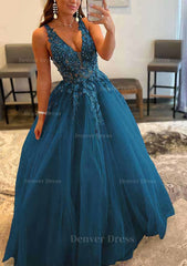 Princess A Line V Neck Sleeveless Sweep Train Tulle Prom Dress Outfits For Women With Appliqued Beading