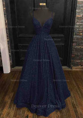 Princess A Line V Neck Spaghetti Straps Long Floor Length Sequined Prom Dress Outfits For Women With Pleated