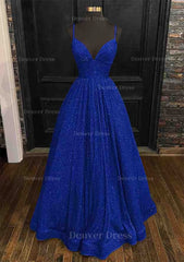 Princess A Line V Neck Spaghetti Straps Long Floor Length Sequined Prom Dress Outfits For Women With Pleated