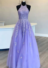 Princess Halter Long Floor Length Lace Tulle Prom Dress Outfits For Women With Appliqued Beading