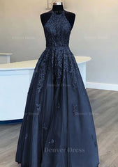 Princess Halter Long Floor Length Lace Tulle Prom Dress Outfits For Women With Appliqued Beading