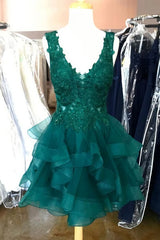 Princess Lace Appliques Dark Green Homecoming Dress Outfits For Women with Flounced,Short Prom Dresses