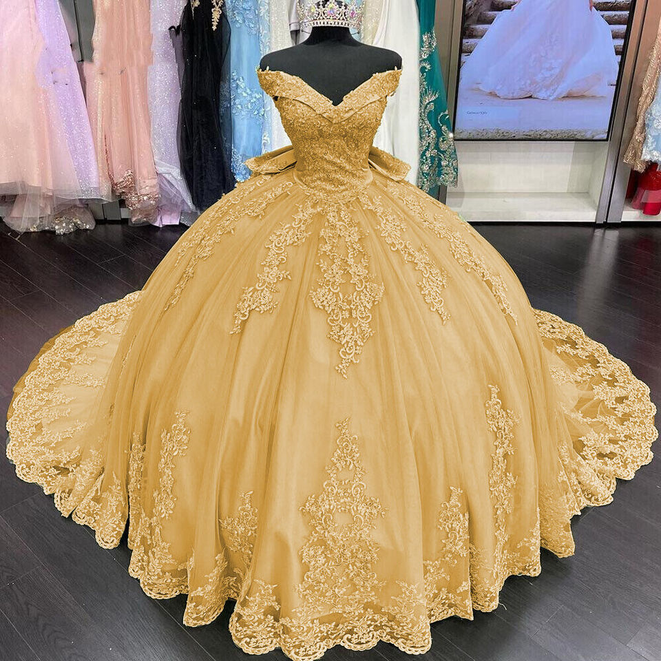 Princess Lace Off Shoulder Gold Quinceanera Dresses For Black girls Applique With Bow