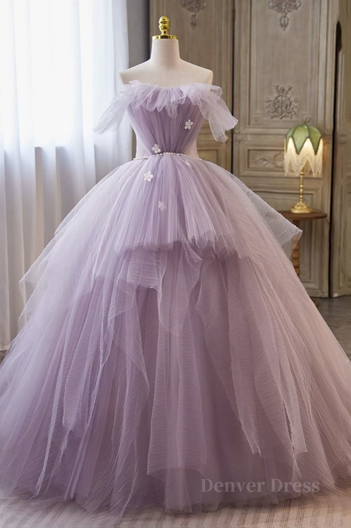 Princess Lavender Tulle Floral Long Prom Dress, Lavender Formal Evening Dress, Purple Ball Gown