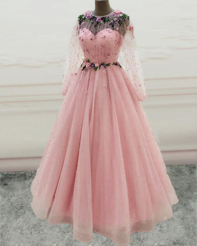 Princess Long Sleeves Prom Dresses For Black girls Tulle Pearls Quinceanera Dress