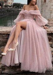 Princess Off The Shoulder Sweep Train Tulle Prom Dress Outfits For Women With Pleated Split