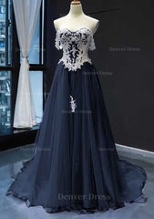 Princess Off The Shoulder Sweep Train Tulle Satin Prom Dress Outfits For Women With Appliqued