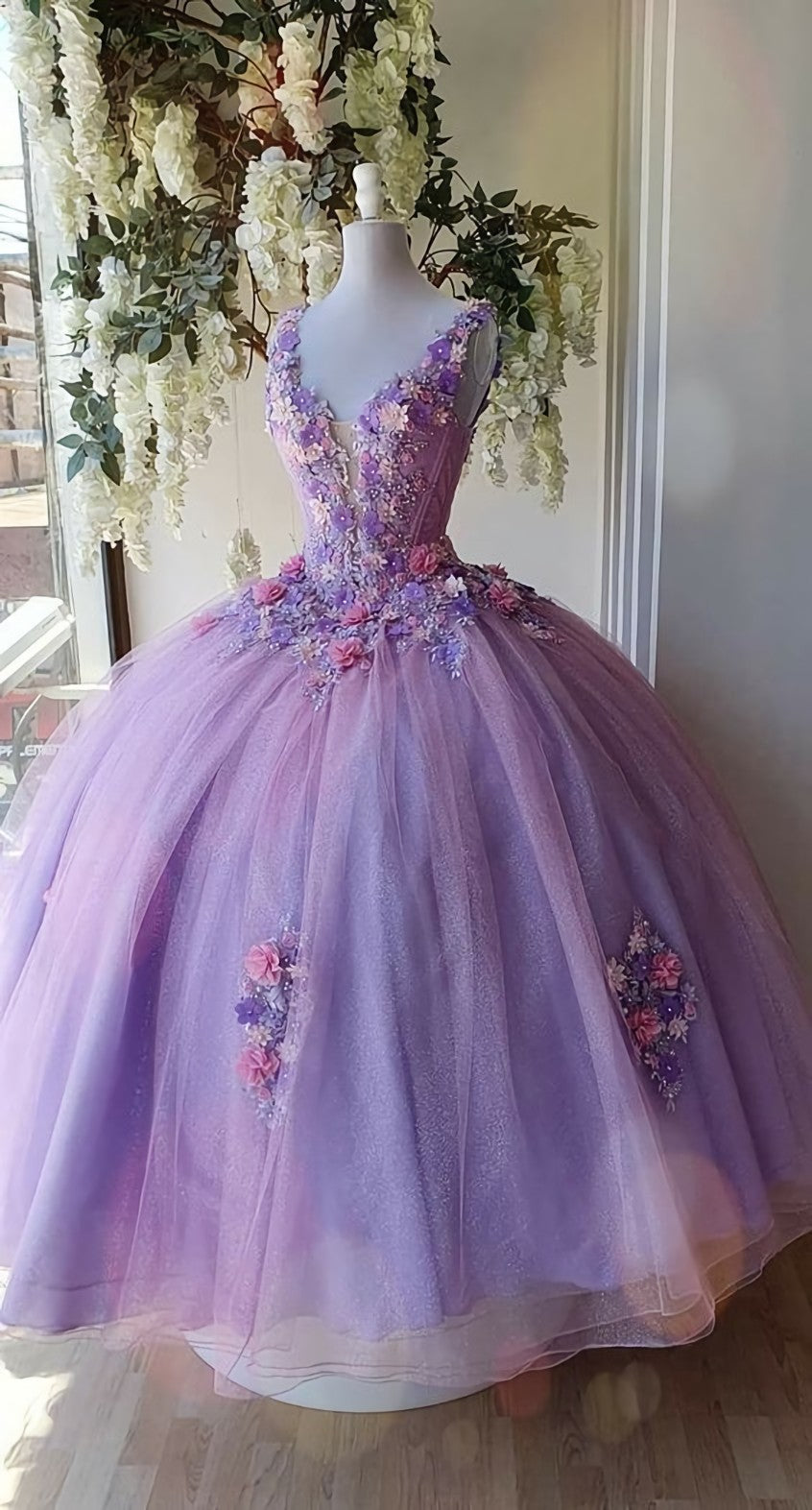 Princess Tulle Long Prom Dress Outfits For Women with Flower,Ball Gowns Quinceanera Dresses