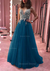 Princess V Neck Court Train Tulle Prom Dress Outfits For Women With Appliqued Beading