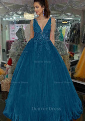 Princess V Neck Long Floor Length Tulle Prom Dress Outfits For Women With Appliqued