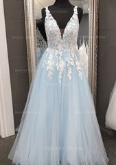 Princess V Neck Long Floor Length Tulle Prom Dress Outfits For Women With Appliqued Lace