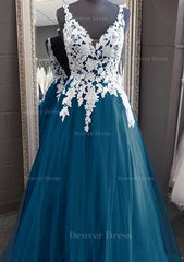 Princess V Neck Long Floor Length Tulle Prom Dress Outfits For Women With Appliqued Lace