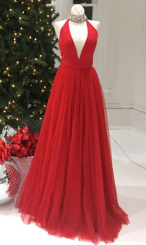 Newly A-Line/Princess V Neck Red Tulle 2024 Prom Dresses