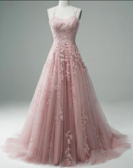 Pink Lace Applique A Line Elegant Spaghetti Straps  Prom Dress