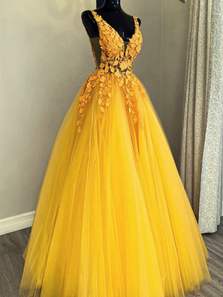 Yellow Tulle With Lace Applique Long Party Dress Outfits For Girls, A-Line Yellow Formal Dress