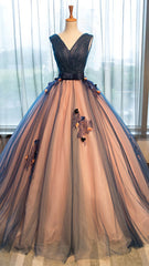 Pretty Tulle V Neck With Applique A Line Long Prom Dresses