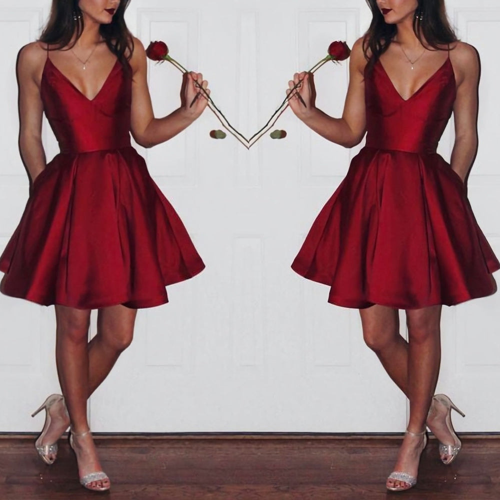 Burgundy 2023 Short Cute Simple Spaghetti Straps Homecoming Dresses