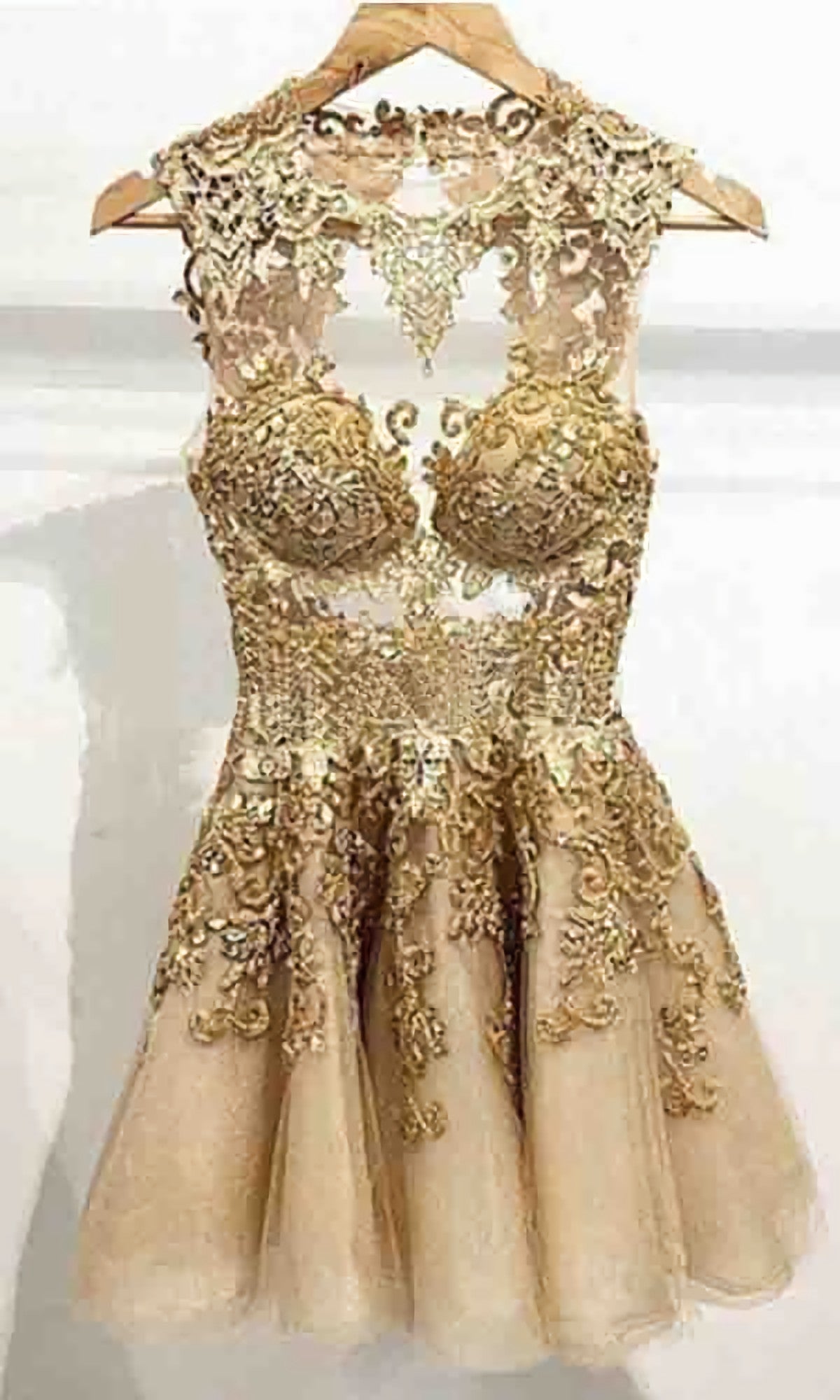Hot A Line Jewel See Through Tulle Short Gold Homecoming Dresses