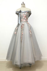 Light Grey Tulle Off Shoulder Flower Lace A Line Prom Dresses