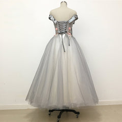 Light Grey Tulle Off Shoulder Flower Lace A Line Prom Dresses