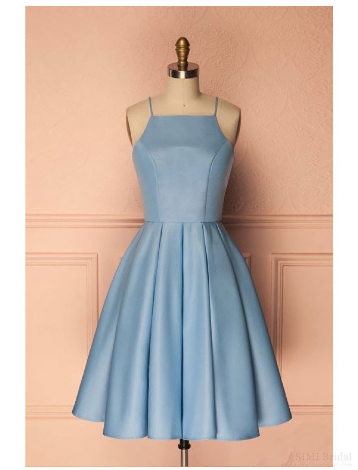 Sky Blue A Line Satin Blue Spaghetti Straps Short Prom Dresses