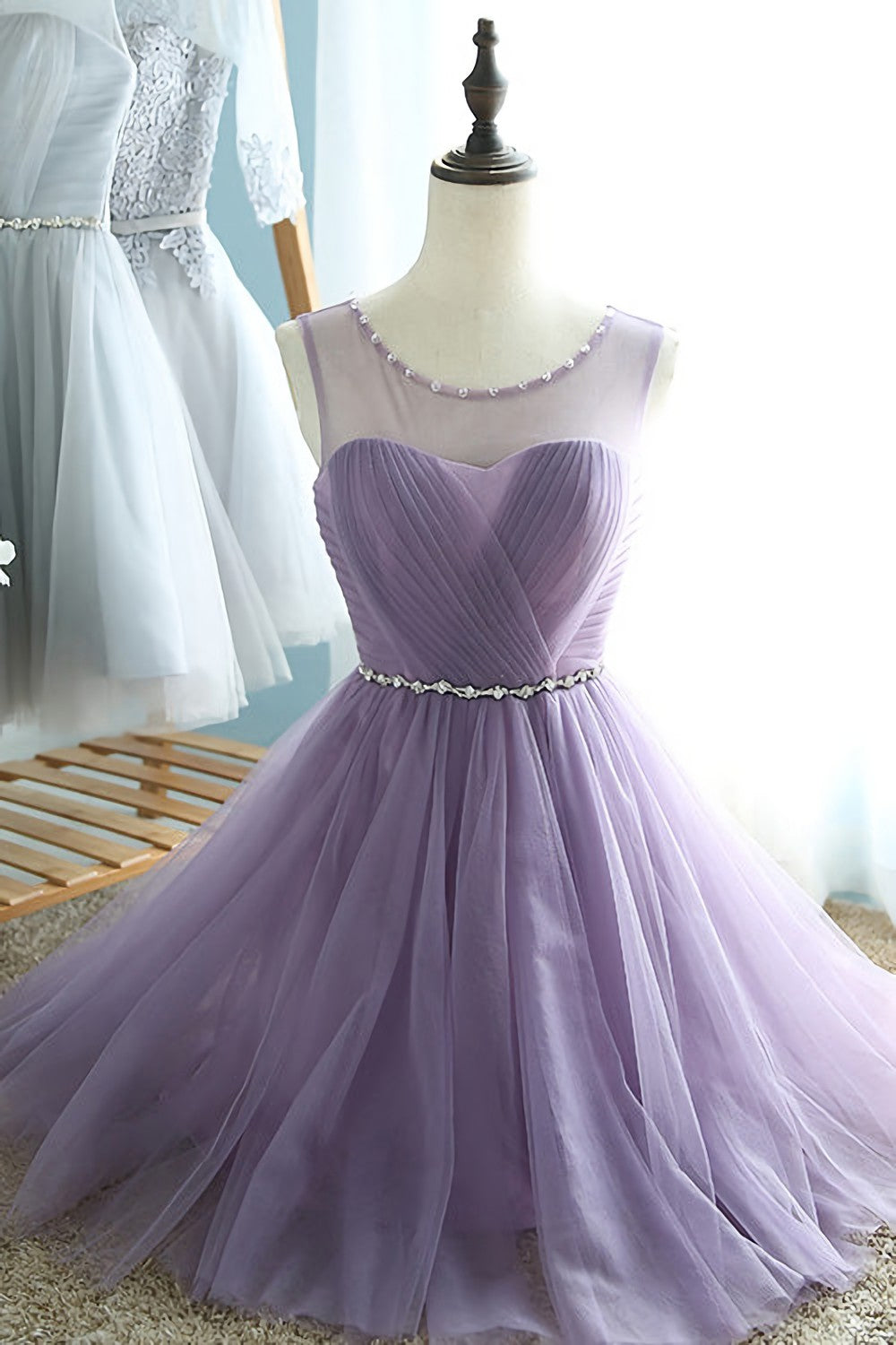 Elegant A Line Round Neck Purple Tulle Short Prom Dresses
